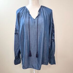 Lord & Taylor Lyocell Embroidered Boho Blouse Tassel Tie Neckline Medium